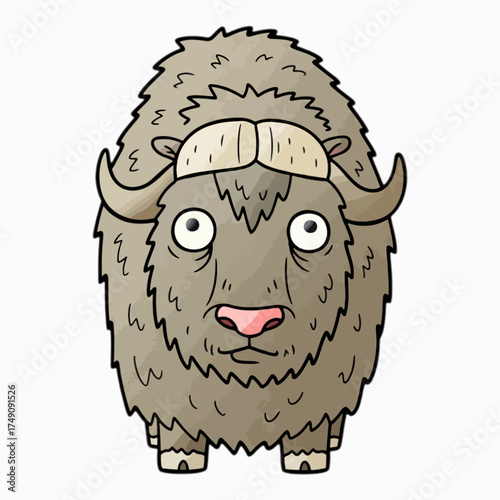 Cartoon musk ox, kid book illustration, isolated on white background.
