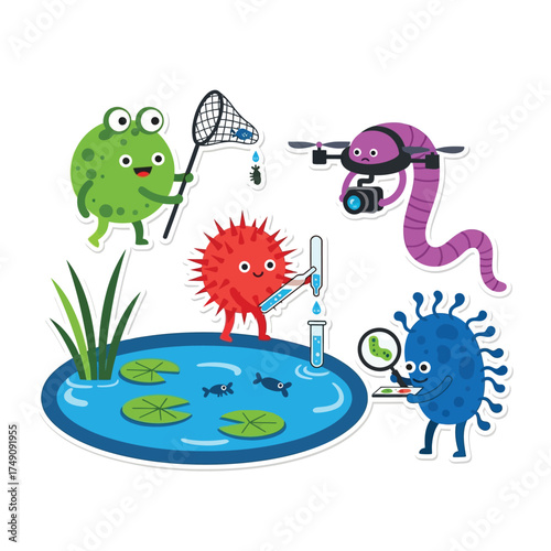 Cartoon microorganisms and a frog engage in scientific activities near a pond, with a drone.