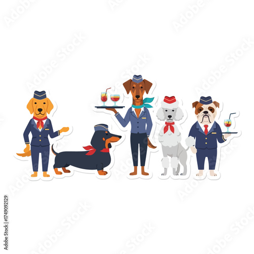 Cartoon dogs dressed as airline crew, including a stewardess and stewards, serving drinks.