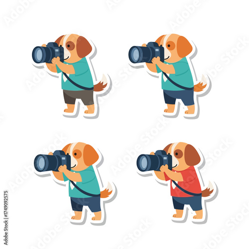 Four cartoon dogs, each holding a camera, capturing images in various colored shirts.