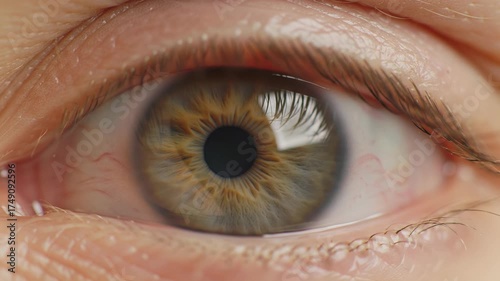 Extreme macro video of a youthful Caucasian green eye slowly opening & closing, pupil dilating/contracting. High-key light reveals intricate iris details against a dark bokeh. Wonder of vision and