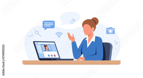 Illustrative depiction of a professional woman participating in a virtual conference call