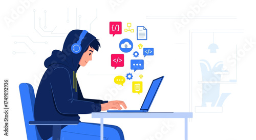 Illustrative depiction of a programmer coding with icons representing cloud computing concepts