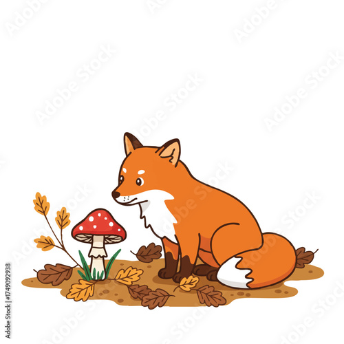 Cute red fox, rendered in vibrant flat 2D vector style, curiously sniffs a vivid red-capped mushroom amidst colorful fallen leaves in an enchanting autumn woodland scene, isolated on white.