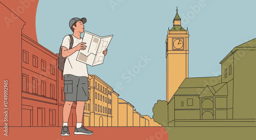 Illustrative depiction of a tourist with a map exploring the architecture in London England