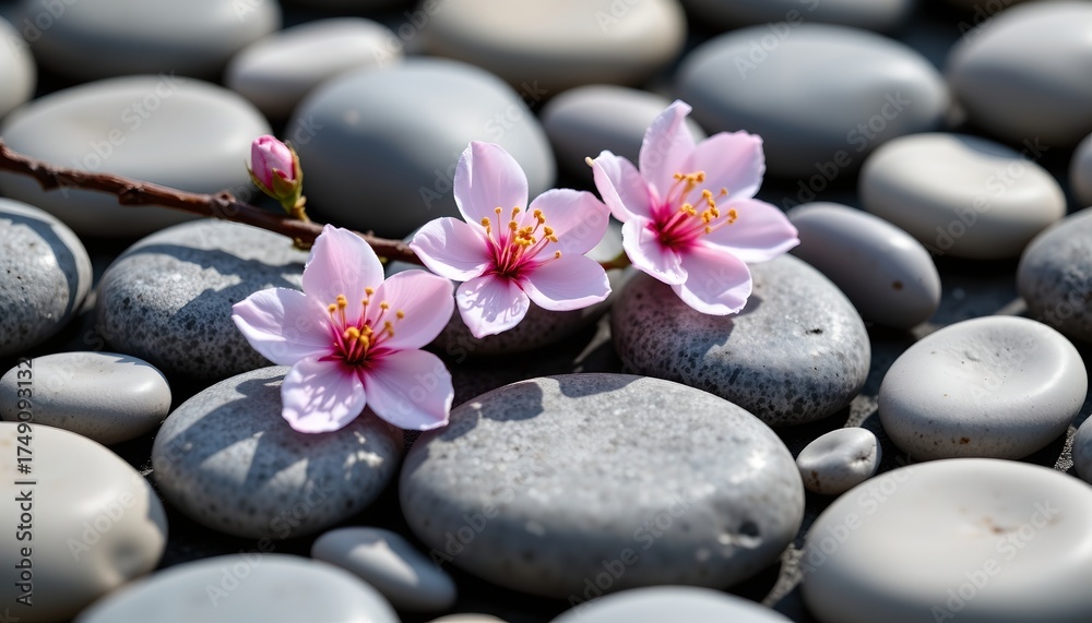 Fototapeta premium Closeup Pink Blossoms Gray Stones