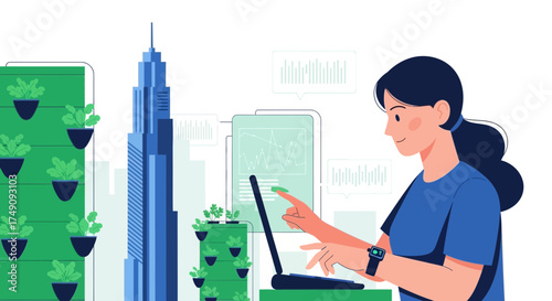 Illustrative depiction of urban sustainability with a modern woman managing technology for green