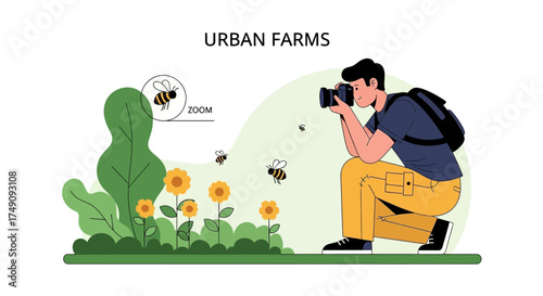 Illustrative depiction of urban farming showcasing a photographer capturing bees and sunflowers in
