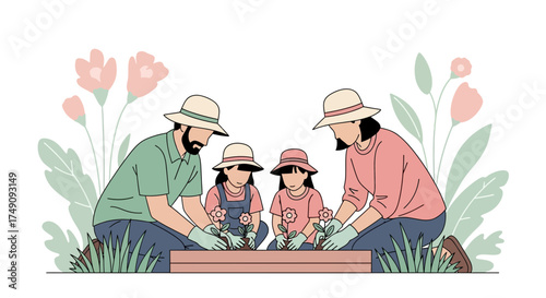 Illustrative family bonding over gardening activities in their backyard together joyfully