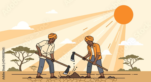Illustrative portrayal of two Indian farmers cultivating arid land under a scorching sun
