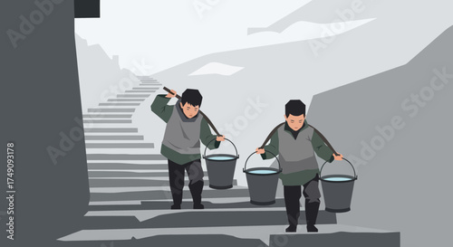 Illustrative scene depicting two men carrying water buckets up a steep staircase diligently