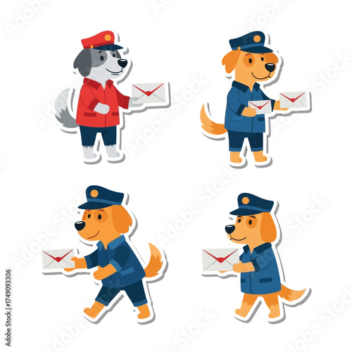 Four cartoon dogs dressed as mail carriers delivering letters.