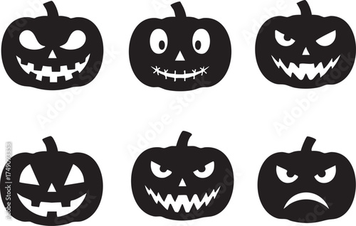 Halloween Pumpkin Jack O' Lantern Faces Icon Set, Vector Silhouette Collection, Spooky and Funny Carved Expressions