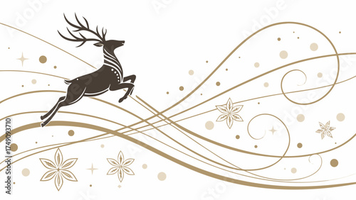 A stylized illustration of a reindeer leaping through swirling lines and snowflakes on a white background.