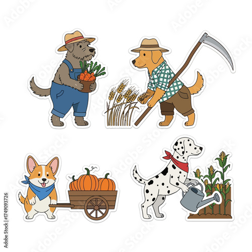 Cartoon dogs dressed as farmers tending to crops, including carrots, wheat, pumpkins, and corn.
