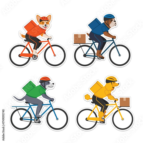 Four cartoon dogs wearing helmets and delivering packages on bicycles.