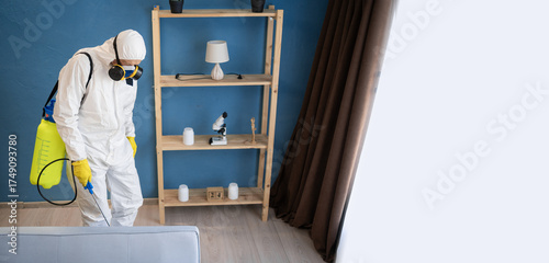 Male exterminator killing cockroaches in house. Elderly man in protective suit and respirator mask using yellow sprayer spraying insecticide over roaches at home