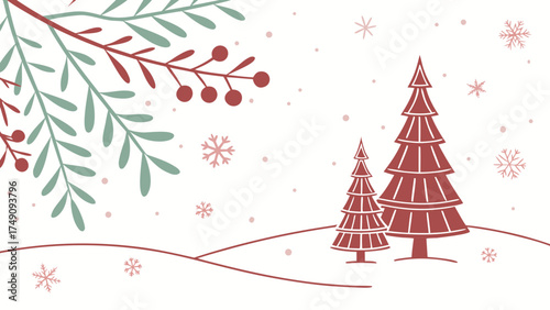 Festive winter scene with stylized trees, branches, and falling snowflakes against a white background.