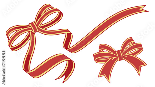Illustration of three decorative red ribbons with gold trim, two tied into bows, one flowing.