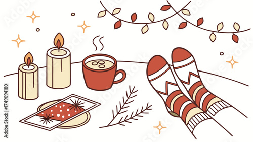 Cozy illustration featuring candles, warm drink, festive socks, and decorative lights, creating a relaxing winter scene.