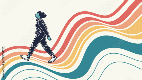 Illustration of a woman walking confidently on a path of colorful, wavy lines, looking upwards.
