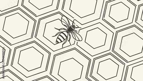 A detailed illustration of a bee hovering over a honeycomb structure, depicted in a clean, graphic style.
