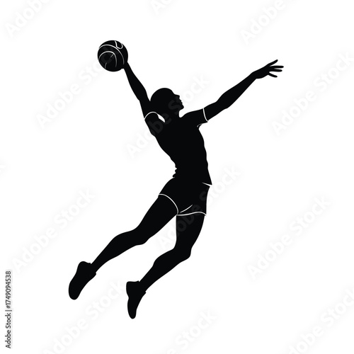 Volleyball player silhouette jumping to spike on white background