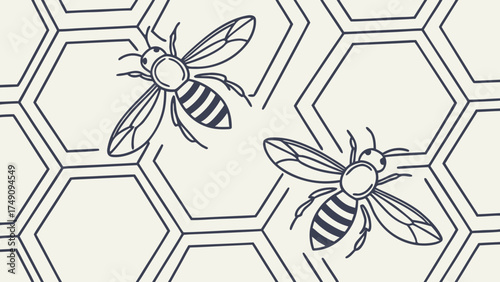 Two bees fly over a honeycomb pattern, illustrating a natural design.