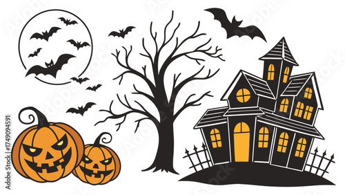 A spooky Halloween scene featuring a haunted house, jack-o'-lanterns, bats, and a bare tree under a full moon.