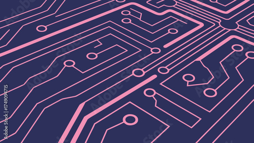 Abstract close-up of a pink circuit board pattern on a dark blue background, showing intricate lines and connections.
