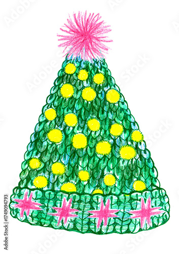 Festive knitted hat shaped like Christmas tree with yellow ornaments and pink pompom. Hand drawn with colored pencils. Isolated on white background. Fun, cozy holiday illustration for seasonal designs
