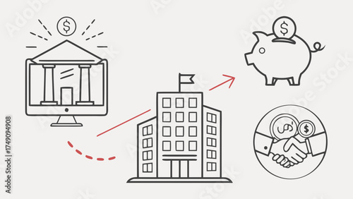Financial transaction illustration showing money transfer from online banking to savings and agreement.