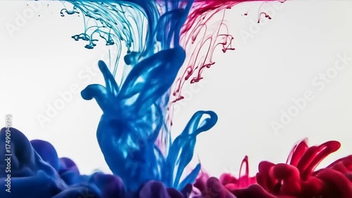Vivid blue and pink ink swirling dynamically in water, creating abstract patterns against a white backdrop