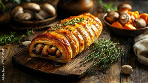 Savory puff pastry roll with mushroom and pumpkin filling