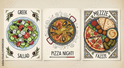 Three illustrated posters showcasing different cuisines: Greek salad, pizza, and mezze platters.
