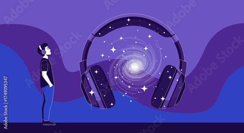 Immersive auditory experience with cosmic headphones and a contemplative listener in a serene
