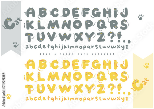 Handwritten Words Series – Gray & Tabby Cats Alphabet (Flat Color)/グレーとトラ猫の英字素材セット