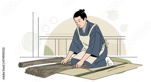 Japanese craftsman binding bamboo sticks on tatami mat in traditional setting illustration
