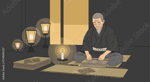 Japanese artisan weaving traditional tatami mats by candlelight and lamplight indoors