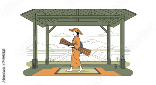 Japanese farmer carrying harvested rice stalks in a traditional setting with Mount Fuji