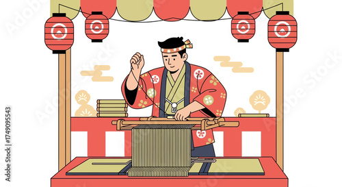 Japanese street food vendor preparing noodles at a traditional festival stall scene