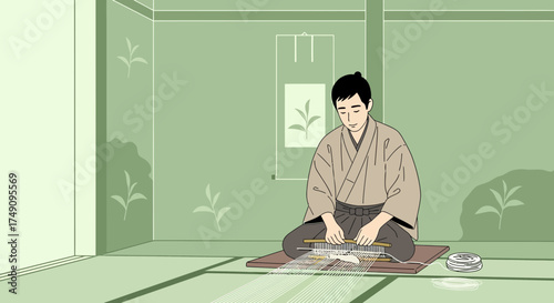 Japanese Weaver at Work: A Traditional Craft in a Serene Green Room with Hanging Scroll showcasing