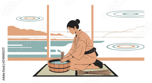 Japanese woman preparing noodles in a traditional setting with scenic background illustration