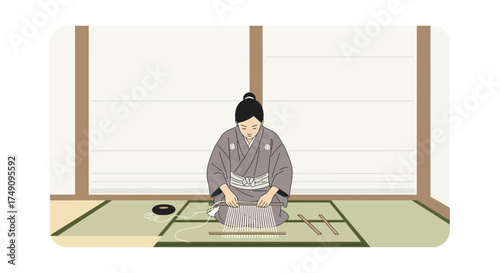 Japanese woman weaving fabric traditionally in a serene indoor setting with tatami mats
