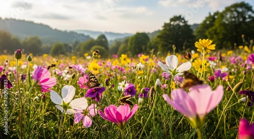 A vibrant field of colorful wildflowers in full bloom, with butterflies and bees buzzing around, set against a backdrop of rolling green hills and a soft, hazy sky.