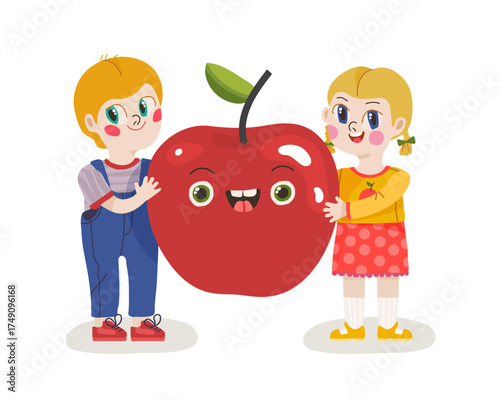 Two school children boy and girl smile and hold a large red apple on a white background. Vector illustration for study, school. Perfect for creating educational materials and thematic design.