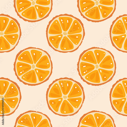 Vector seamless pattern of orange slices on beige background, good for design, cards, posters, packaging.