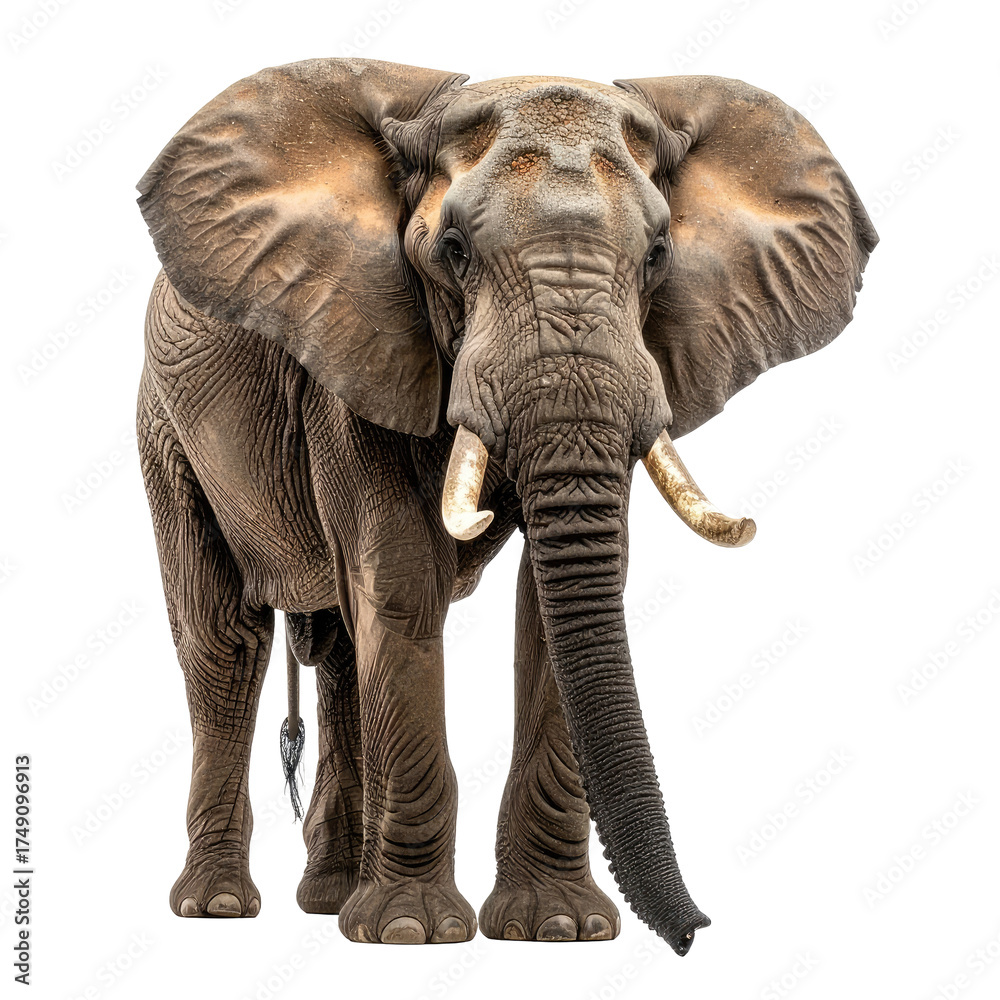 Obraz premium Majestic African elephant standing, tusks visible, against black background