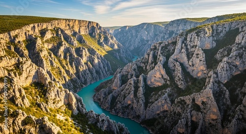 A majestic turquoise river carves its way through a vast, sun-drenched canyon with rugged, rocky cliffs and sparse green vegetation under a clear blue sky.
