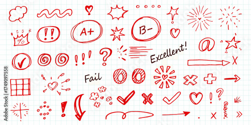 Collection of red hand drawn doodles and symbols on a grid paper background for school and education